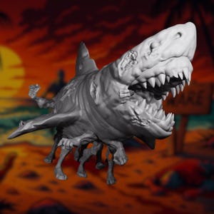 Front angle of necrotic shark horror miniature with wide gaping jaws and rotting beachgoer limbs fused into its belly and sides.