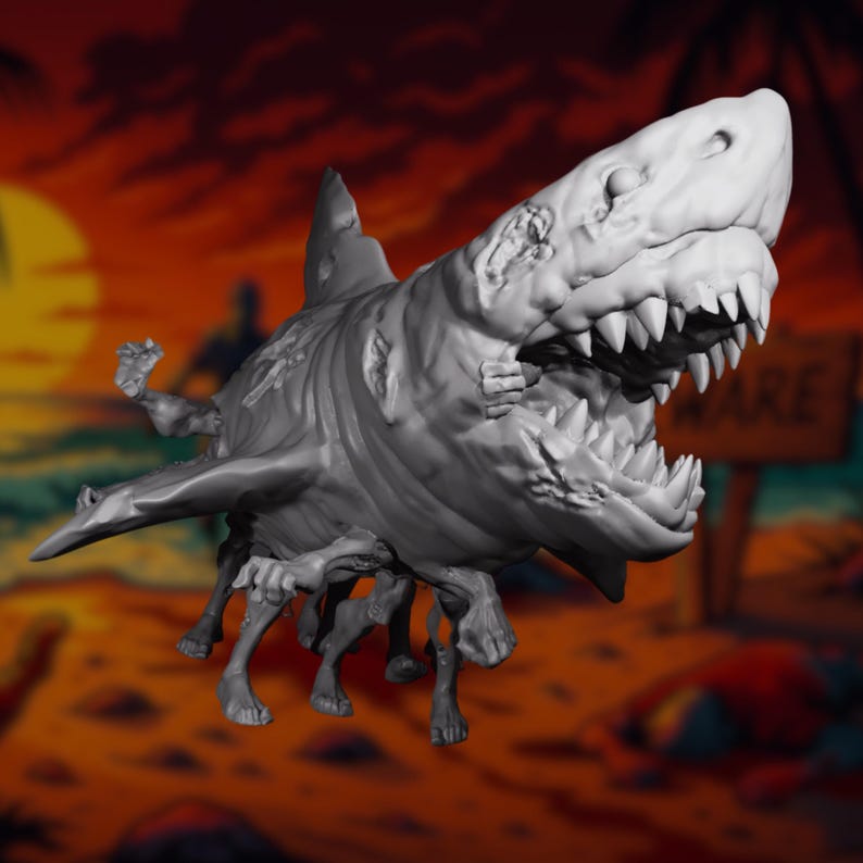 Front angle of necrotic shark horror miniature with wide gaping jaws and rotting beachgoer limbs fused into its belly and sides.