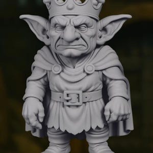 May include: A gray figurine of a goblin king, wearing a crown, cape, and tunic. The goblin has a stern expression and large ears. The figurine is detailed with visible wrinkles and textures, suggesting a fantasy theme.