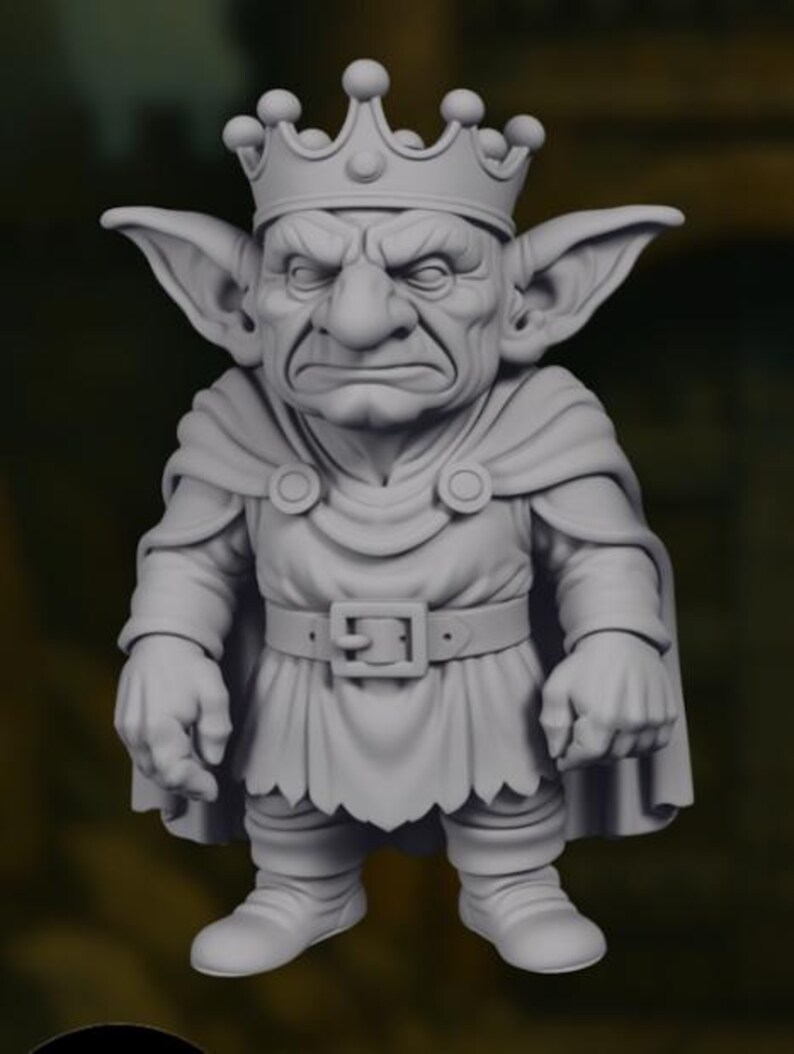 May include: A gray figurine of a goblin king, wearing a crown, cape, and tunic. The goblin has a stern expression and large ears. The figurine is detailed with visible wrinkles and textures, suggesting a fantasy theme.