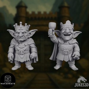 Front-facing view of goblin king miniatures, one grim and imposing, the other jovial and celebratory with a raised cup, ideal as rival rulers or paired NPC leaders.