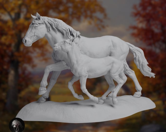 Galloping Mare and Foal | Paintable Resin Horse Duo | Dynamic Wildlife Display | By Animal Den Miniatures