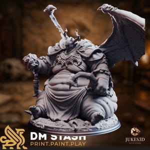 Huge Gluttonous Devil Mini | Obese Fiend Boss Miniature | Winged Demon Warlord with Staff and Chain | By DM Stash