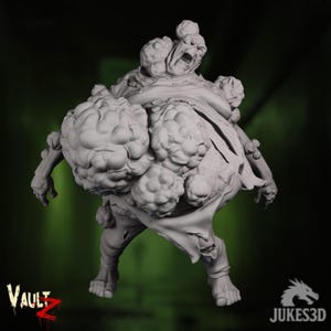 May include: A gray, grotesque monster figurine with multiple bulbous growths and an open-mouthed expression. The figure has a tattered garment and is posed in a menacing stance. The Vault Z and Jukes3D logos are visible.