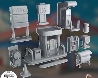 PitStop Gas Station Set | Modular Street Terrain | 28mm 32mm HO Modern RPG Wargame Props | By Tiny Furniture