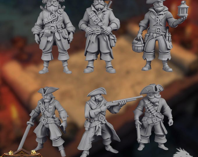 Pirate Crew Miniatures Set | Pirate Captain, Musketeer & Sailors Minis | By RFI Prints