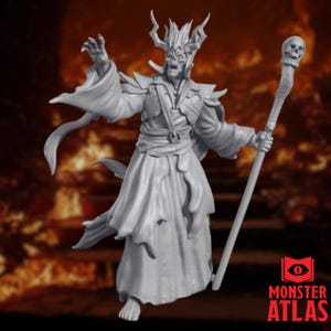 Undead Warlock Mini | Lich Villain Miniature | Evil Sorcerer with Skull Staff | By Monster Atlas