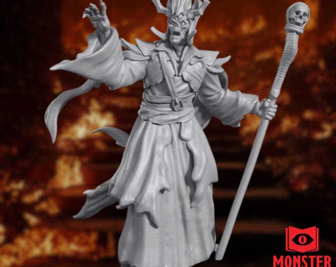 Undead Warlock Mini | Lich Villain Miniature | Evil Sorcerer with Skull Staff | By Monster Atlas