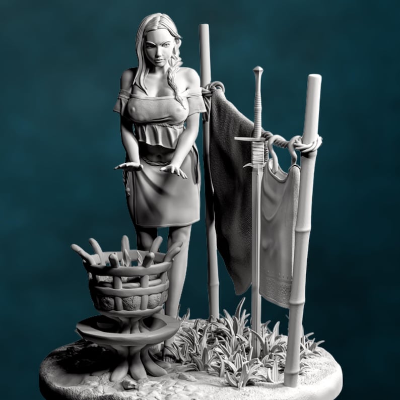 Front view of fully clothed version of the woman at wash basin, standing on grassy terrain base with folded laundry details.