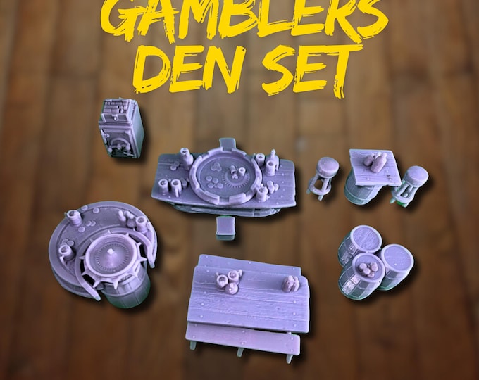 Gambler’s Den Casino  Terrain Set– 28mm & 32mm  Terrain – Card Table, Roulette, Barrels and More by DM Stash