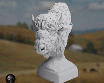 Bison Bust Miniature | Paintable Resin Buffalo Sculpture | Realistic Animal Display | By Animal Den Miniatures