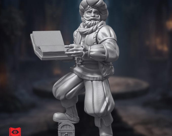 Order of Scribes Mini | Lorekeeper Miniature | Traveling Scholar with Tome and Treasure Chest | By Monster Atlas