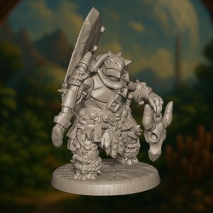 May include: A gray fantasy figurine of a reptilian warrior, holding a large axe and a horned skull. The figure is clad in armor and has detailed textures, standing on a circular base. The background is blurred with green and blue tones.