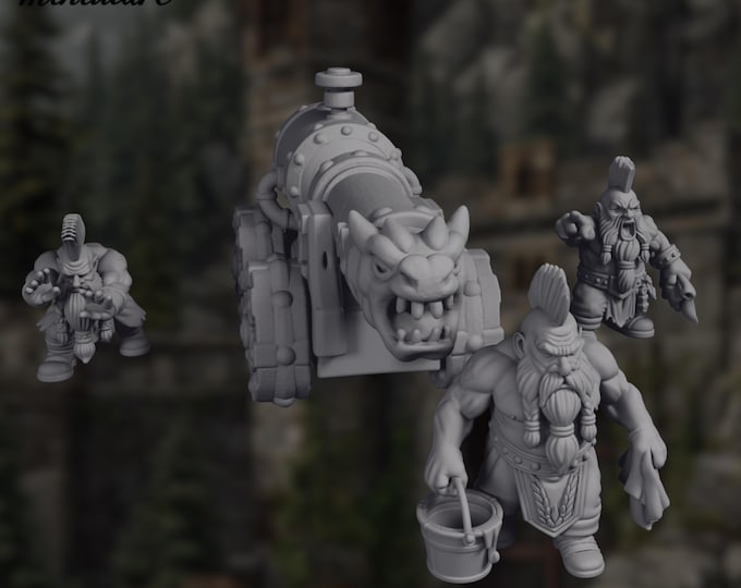 Dwarven Cannon Crew Mini | Dwarf Artillery Team Miniature | By Eskice Miniatures