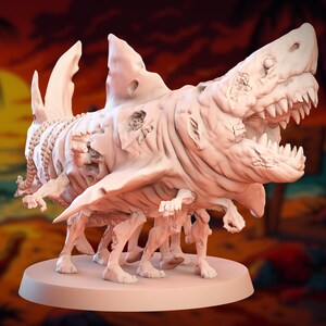 Painted render of beached zombie shark with shark teeth, undead limbs, and stitched hide; ideal for horror boss encounters
