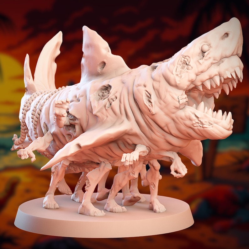 Painted render of beached zombie shark with shark teeth, undead limbs, and stitched hide; ideal for horror boss encounters