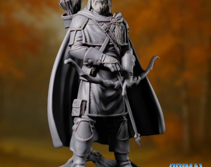 Bearded Human Ranger Mini | Cloaked Veteran Noble Hunter Miniature for Tabletop Games | By Primal Collectibles