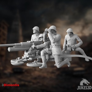 May include: A grayscale 3D-printed model of a military artillery gun with four soldiers. One soldier is looking through binoculars. The soldiers are wearing uniforms and helmets. The model is set against a blurred background.