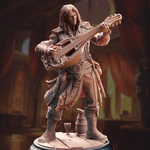May include: A detailed figurine of a bard playing a lute. The bard is wearing a long, flowing robe with intricate details and is holding the lute in their left hand. The figurine is painted in a light brown color and is standing on a wooden base.