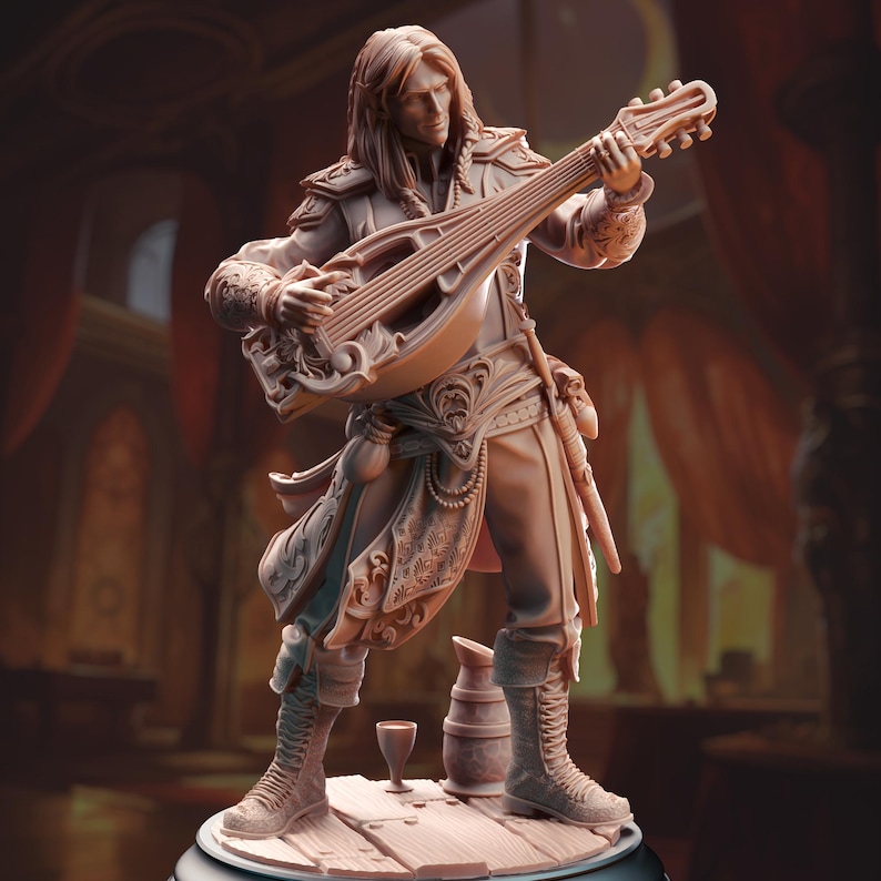 May include: A detailed figurine of a bard playing a lute. The bard is wearing a long, flowing robe with intricate details and is holding the lute in their left hand. The figurine is painted in a light brown color and is standing on a wooden base.