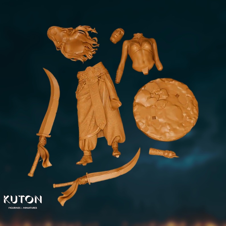 Unassembled resin kit showing all parts of the female desert warrior, including flowing hair, torso, curved scimitar, and ornate base.