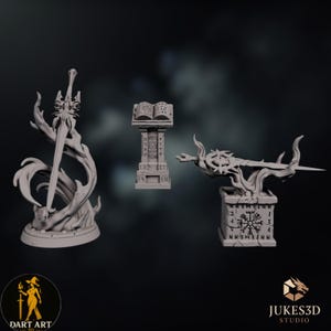 May include: Three grey fantasy sculptures: a sword with flame-like accents, a pedestal with an open book, and a sword atop a pedestal with runes. The image includes the logos for Dart Art 3D and Jukes3D Studio.