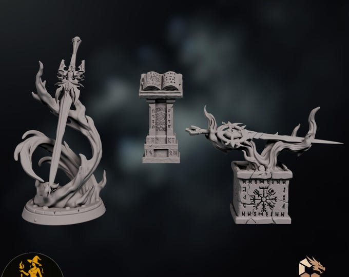 Wizard Tower Treasure Miniatures | Enchanted Sword Shrine and Spellbook Pedestal | DartArt3D