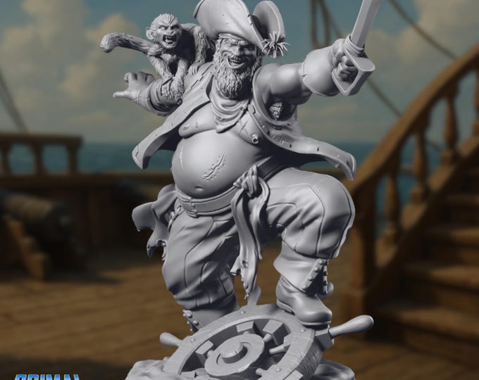 Fat Pirate Captain Miniature | Resin High Seas Villain with Monkey