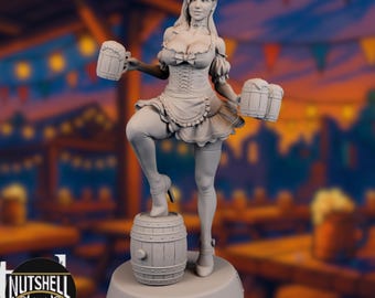 Barmaid Miniature | NSFW & SFW Fantasy Tavern Girl | 32–120mm Beer Maid with Optional Assembly | By Nutshell Atelier