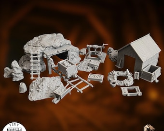 Mine & Mining Equipment Terrain Set | Modular Scatter Terrain | 28mm 32mm Fantasy RPG Wargame Scenery | By Tiny Furniture