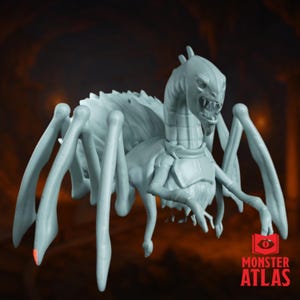 May include: A light blue, 3D-printed monster figurine with a spider-like body and a reptilian head. The creature has multiple legs and a spiky back. The Monster Atlas logo is visible in the bottom right corner.