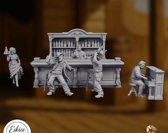 Saloon Scene Terrain Set | Wild West Scatter Scenery | 28mm 32mm RPG Tabletop | By Eskice Miniatures