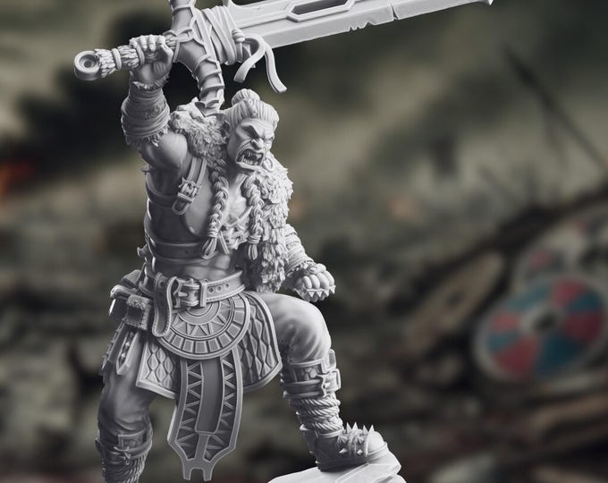 Half-Orc Raging Barbarian Mini | Orc Champion Fighter with Longsword Miniature | By DM Stash