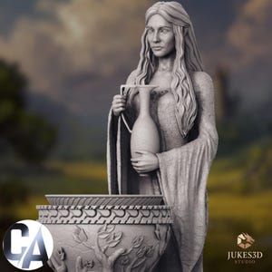 Three-quarter view of the elven priestess miniature showing upper body detail. Long pointed ears visible. Intricate floral texture covers the robe sleeves and bodice. The amphora ewer is held in both hands with a looping handle. Scale-pattern and rope-twist banding on the wide decorative pedestal bowl below.