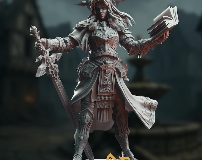 Female Light Cleric Miniature | Holy Devoted Redemption Paladin with Sword and Book Mini | By DM Stash