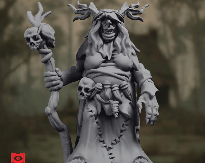 Swamp Hag Mini | Wicked Witch Miniature | Bog Sorceress with Skull Staff | By Monster Atlas