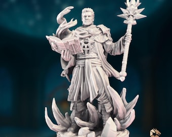 High Level Wizard Mini | Crystal Staff Warlock Miniature | 32mm–75mm Scenic Resin Base | By DM Stash