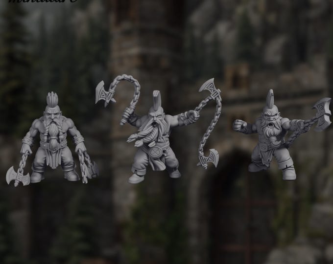 Dwarf Barbarian Mini Set | Berserker Miniatures | Dwarven Axe Fighters with Chain Weapons | Eskice Miniatures