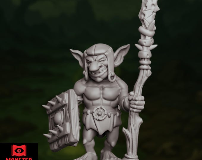 Tribal Goblin with Shield and Spear Miniature | Goblin Warlock or Witch Doctor Mini | By Monster Atlas