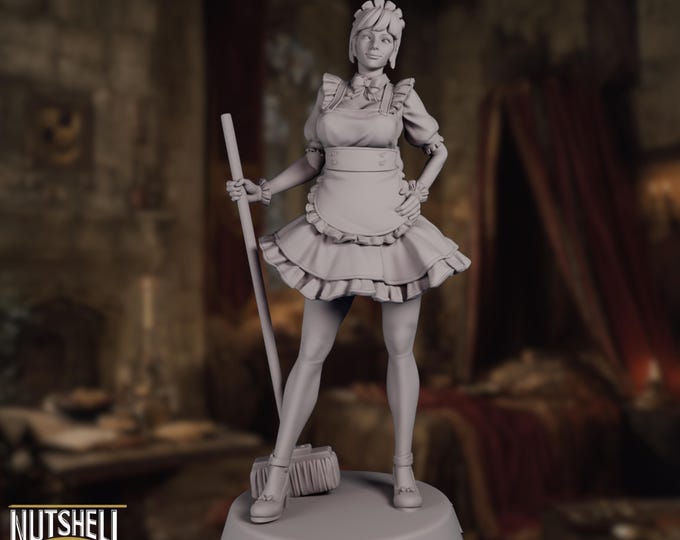 French Maid Miniature | Housekeeper Character with Apron & Broom | SFW Lingerie NSFW Resin Model | by Nutshell Atelier