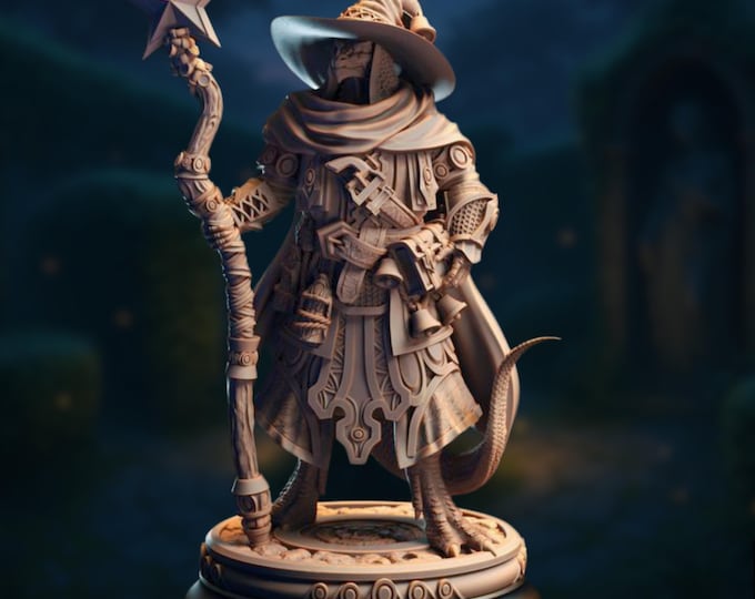 Dragonborn Warlock Miniature: Scaled Sorcerer with Arcane Staff - 32mm/75mm