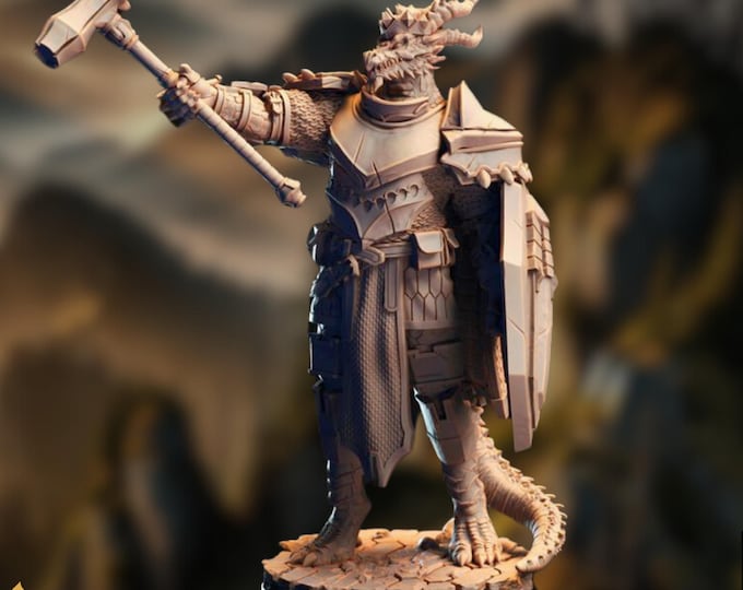 Dragonborn Cleric Mini | Warhammer Paladin Miniature | Hammer and Shield Warrior | By DM Stash