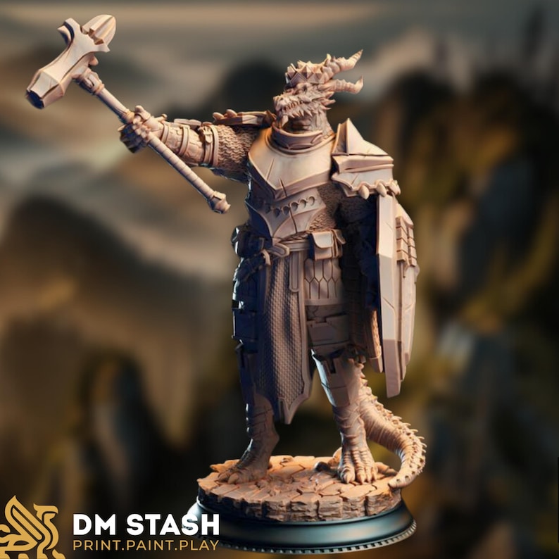 A detailed resin miniature of a Dragonborn warrior viewed from behind, wearing full plate armor with scale-patterned textures and a castle-like hem on the cloak. He raises a massive warhammer high in his right hand while holding a large shield at his side. The miniature stands on a textured rocky base, evoking the feel of a mountainous battlefield.