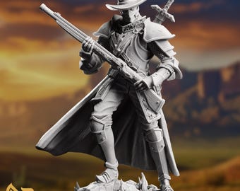 May include: A detailed, gray 3D-printed figurine of a character in a hat, armor, and a long coat, holding a rifle. A sword is strapped to the character's back. The figurine is standing on a rocky base with a desert landscape background.