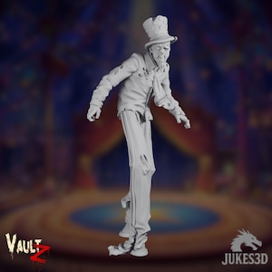 Puede incluir: Una figura gris impresa en 3D de un payaso zombi con sombrero de copa y ropa hecha jirones. La figura tiene una cara demacrada y los brazos extendidos. Los logotipos de Vault Z y Jukes3D son visibles.