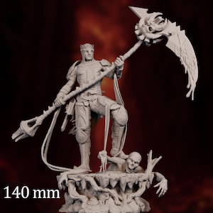 May include: A detailed, gray figurine of a warrior holding a large scythe, standing over a skeletal figure. The warrior is clad in armor and the base is textured. The figurine is 140 mm tall.