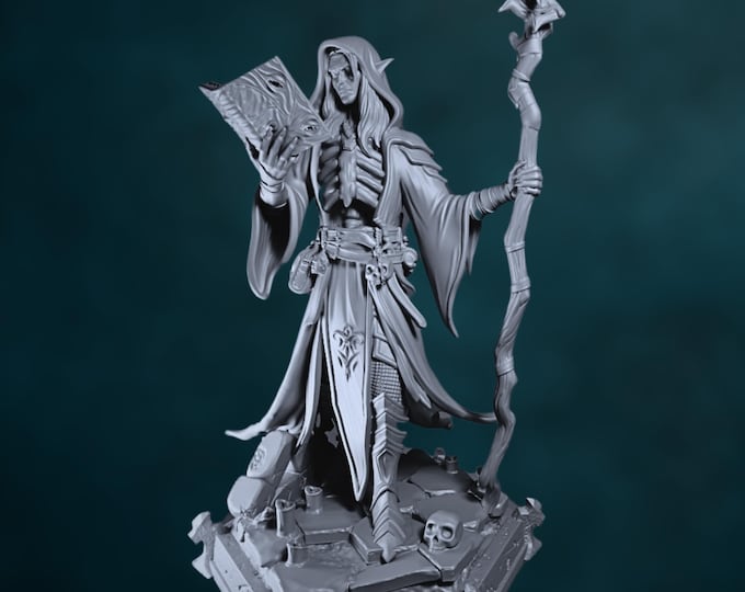High Elf Necromancer Mini | Skeletal Sorcerer with Skull Staff and Spellbook for Roleplaying Games | By TPK Labs