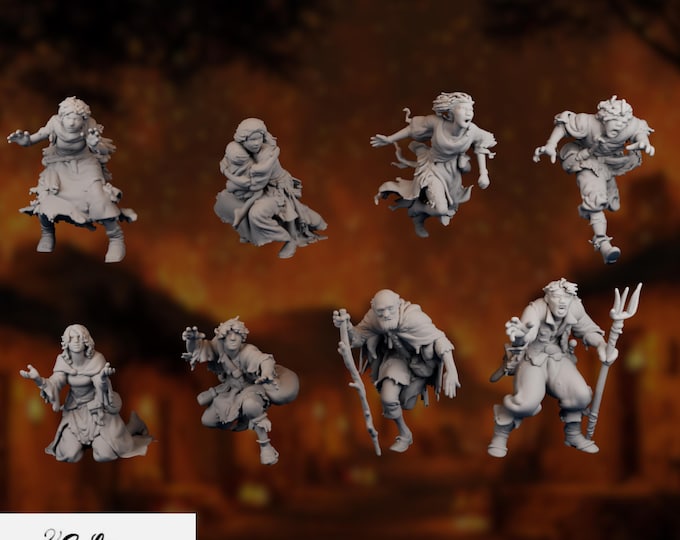 Terrorized Villagers Miniatures Set | Screaming Citizens & Fleeing Townsfolk Set | 28mm 32mm 40mm NPCs | By Eskice Miniatures