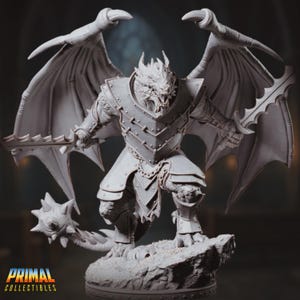 May include: A detailed, gray dragon warrior figurine with large wings, holding a sword and mace. The figure is clad in armor and stands on a rocky base. The "Primal Collectibles" logo is visible at the bottom.