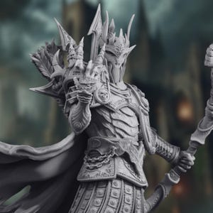 May include: A detailed, grey, 3D printed miniature of a warrior figure wearing a crown and armour, holding a staff with a curved top. The figure is wearing a cape and has a detailed face with a helmet.